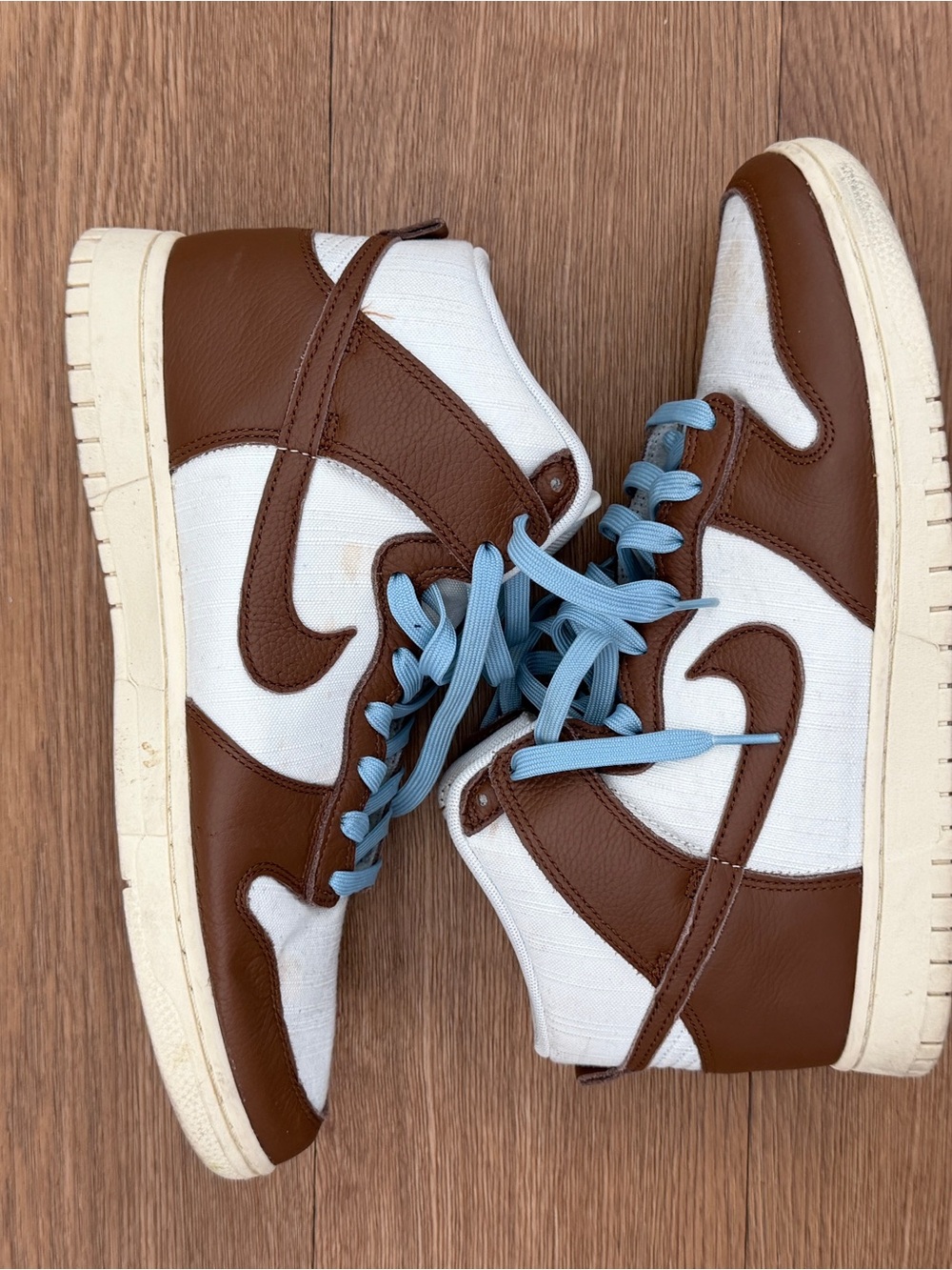 Nike Brown and White High-Top Sneakers with Light Blue Laces